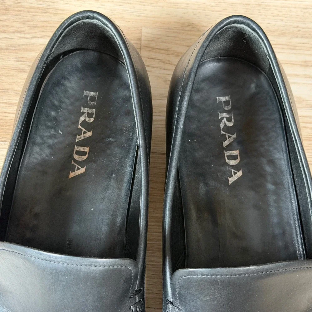 Prada Loafers Mens Size 10 Black Leather Slip On Square Apron Toe Dress Shoes - Picture 4 of 9